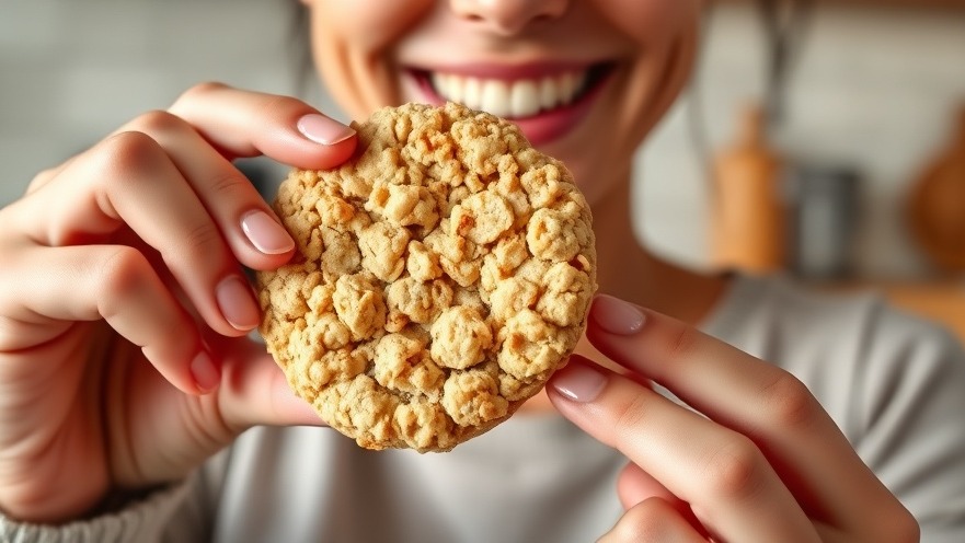 Lifelike close-up of a person holding a vegan rice crispy cookie, showcasing healthy vegan treats.