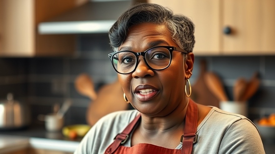 A 45ish Black woman discusses fibroids and microplastics in a kitchen.