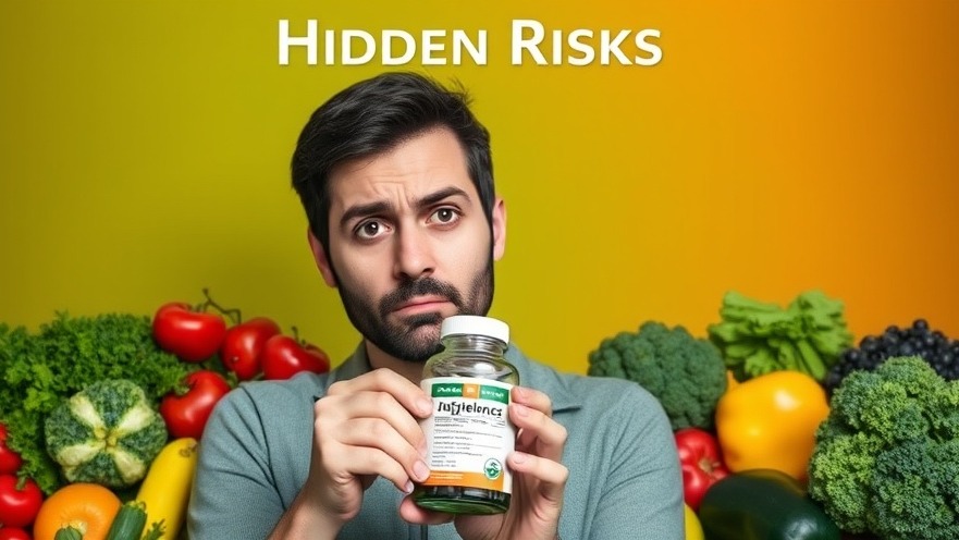 Concerned individual with supplements amid colorful fruits, highlighting folic acid dangers.