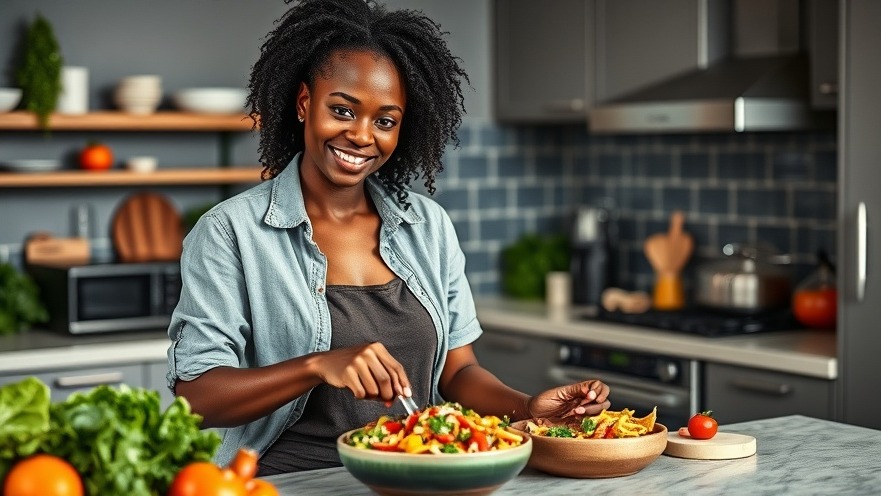 Confident Black woman preparing colorful plant-based meals in a modern kitchen.