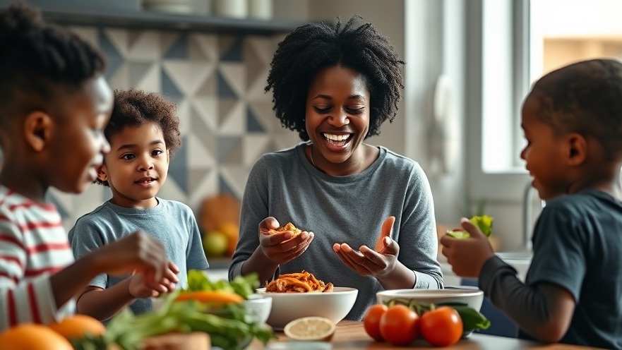 Engaging kids in nutrition, a mother serves healthy snacks in a vibrant kitchen.