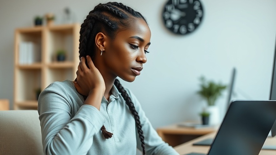 Woman managing neck discomfort with relief techniques in a serene office setting.