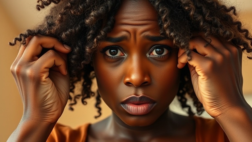 Concerned Black woman examining healthy hair in a warm, indoor setting.