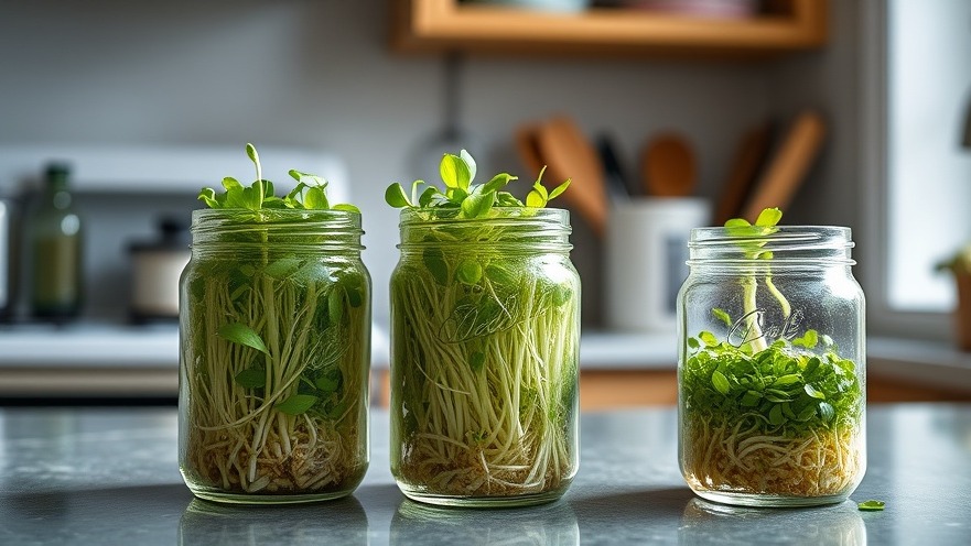 Vibrant green sprouts in jars on a kitchen countertop for home gardening.