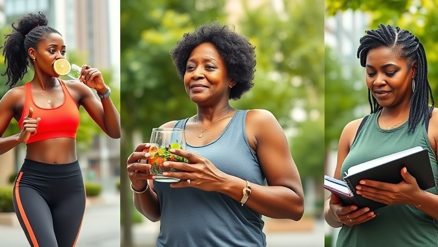 Black woman over 50 enjoying a healthy lifestyle through exercise, nutritious meals, and stress management.