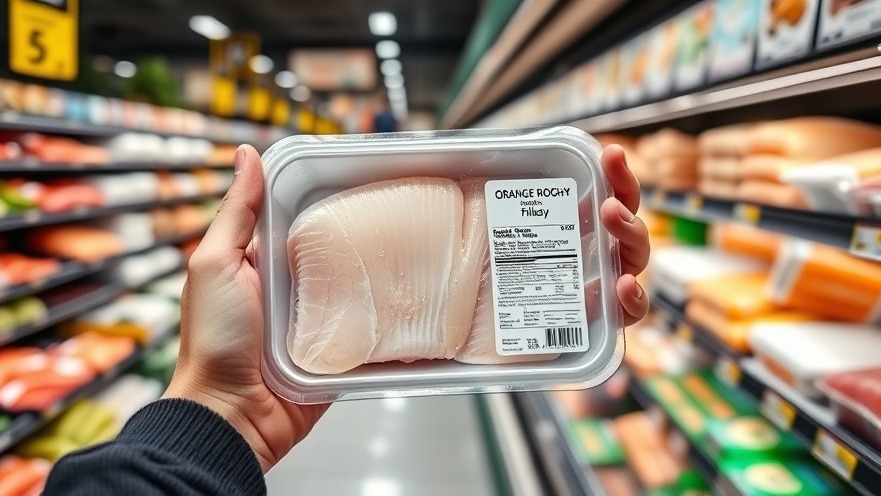 Hands holding orange roughy fillets in a local grocery store, promoting healthy eating.