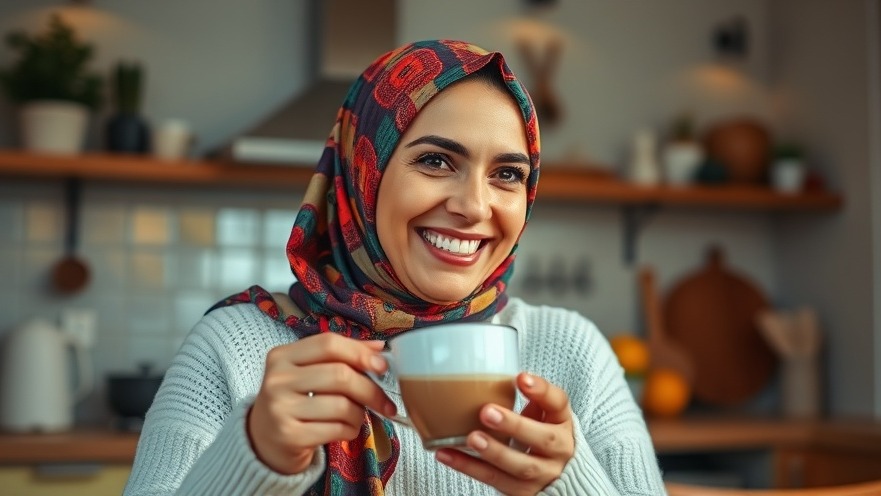 Happy Arab woman embodying self-love and personal growth, sipping tea in a tranquil kitchen.