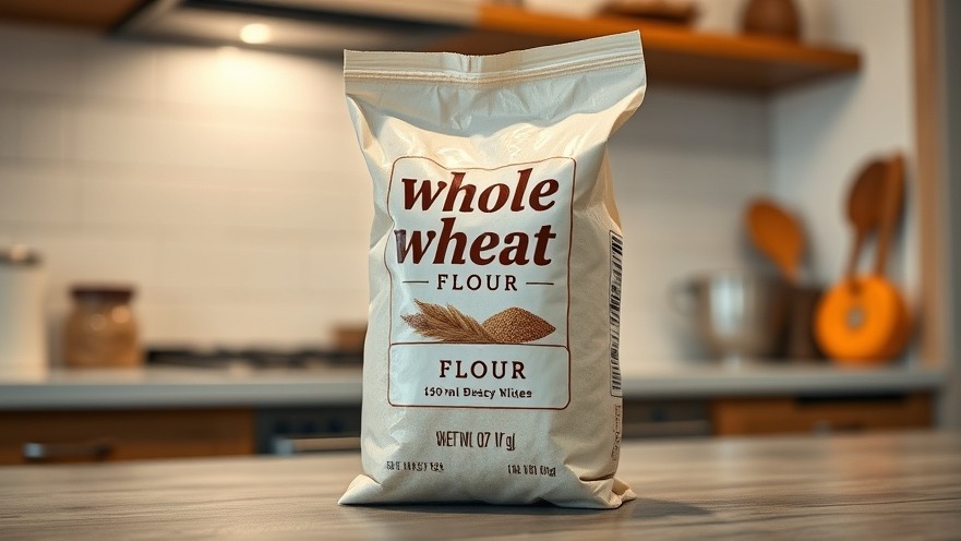 Whole-wheat flour bag on kitchen counter, highlighting types of flour for baking.
