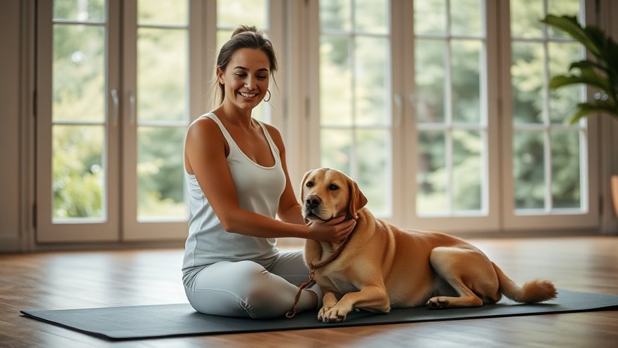 Serene woman practicing mindful breathing exercises with a calm dog, promoting emotional wellness.