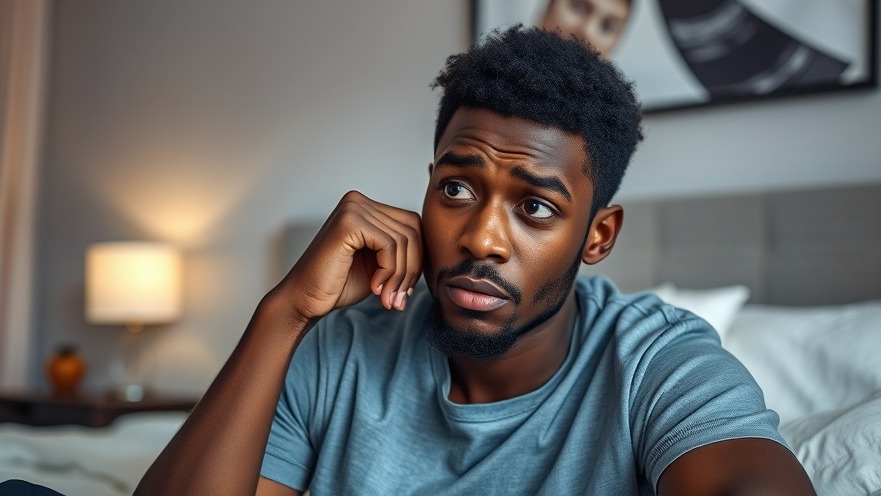 Thoughtful young Black man in a modern bedroom, contemplating men's health and erectile function.