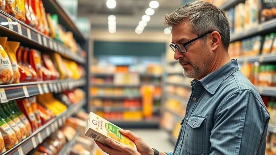 Man examining food packaging in a grocery aisle, promoting sustainable eating and healthy habits.