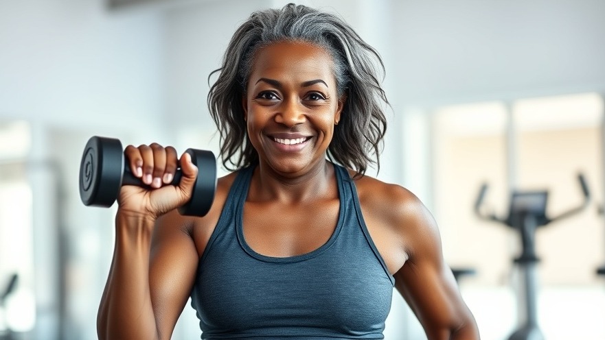 47-year-old Black woman exercising indoors, promoting healthy eating and fitness over 50.