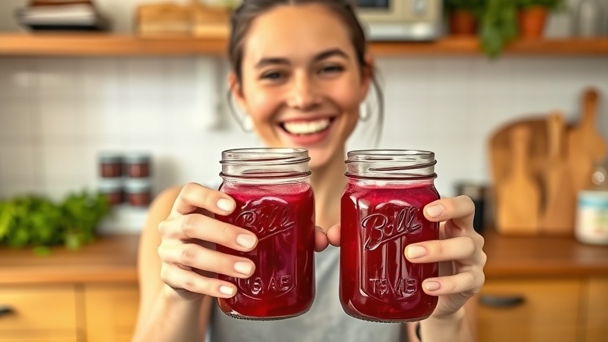 Smiling person showcasing homemade beet juice, emphasizing health benefits and improving blood circulation.