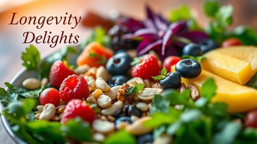 Colorful plant-based diet plate for low body fat and longevity.