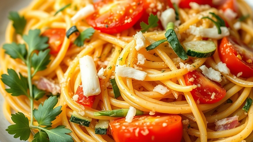 Nutritious pasta dish with sungold tomatoes, zucchini, and onions for healthy meal ideas.