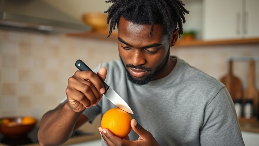 A young Black man peeling an orange, highlighting the nutritional value of oranges for healthy eating habits.