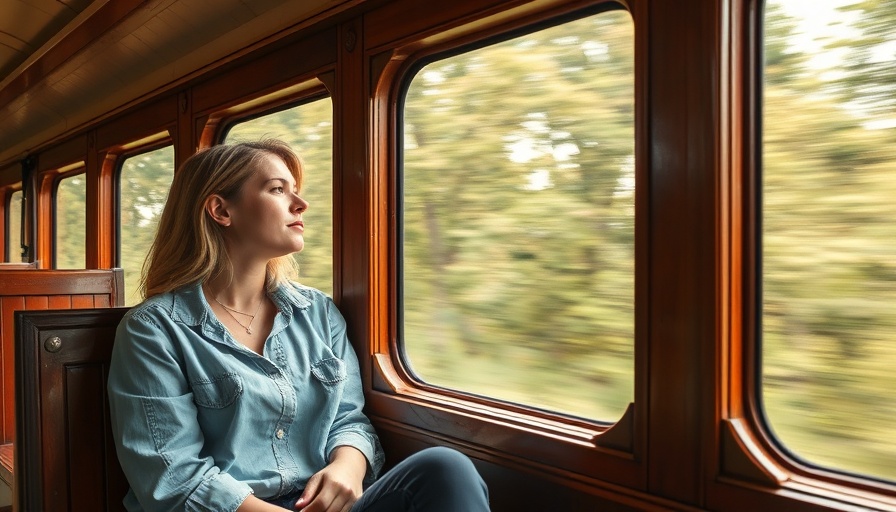 Woman relaxing on a train, a natural remedy for travel stress.
