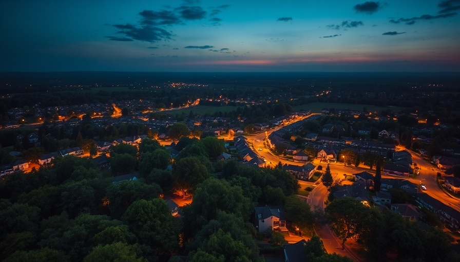 Aerial suburban neighborhood at night enhancing noise pollution awareness.