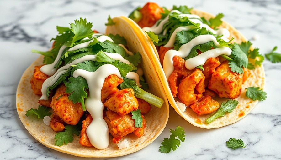 Buffalo chicken tacos with fresh toppings and sauce.