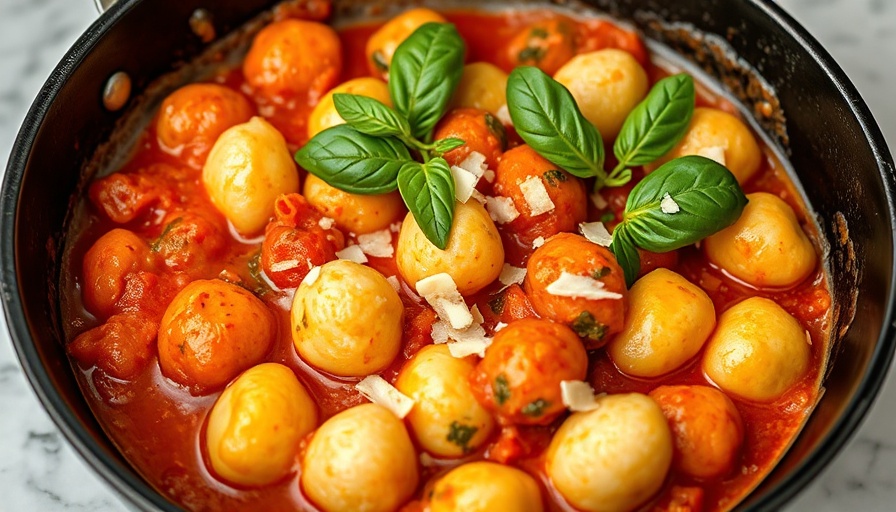 Delicious gnocchi in marinara sauce garnished with parmesan and basil.