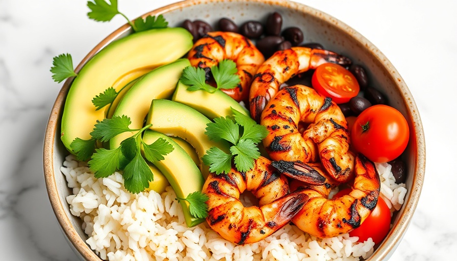 Blackened shrimp bowl with avocado and veggies on marble countertop