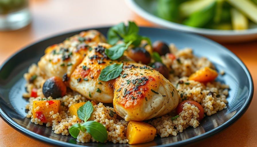 Italian chicken and vegetables with quinoa on a plate.