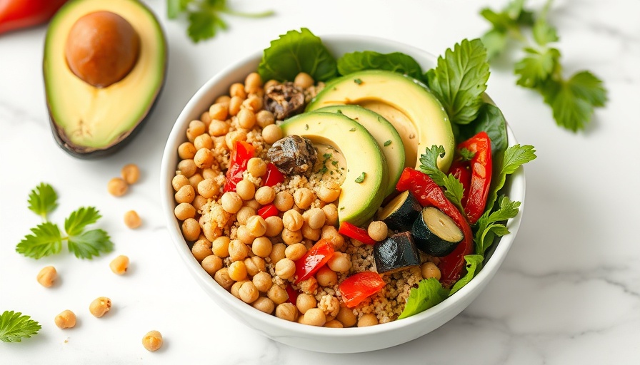 Green Goddess Bowl with chickpeas, avocado, and veggies on marble surface.