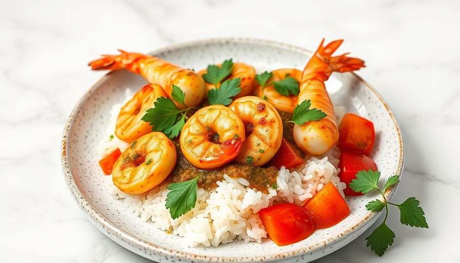 Salsa Verde Shrimp and Rice dish with vibrant vegetables, served elegantly.