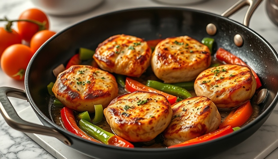 Delicious Greek Chicken Bites in a pan with cucumbers and red onions nearby.