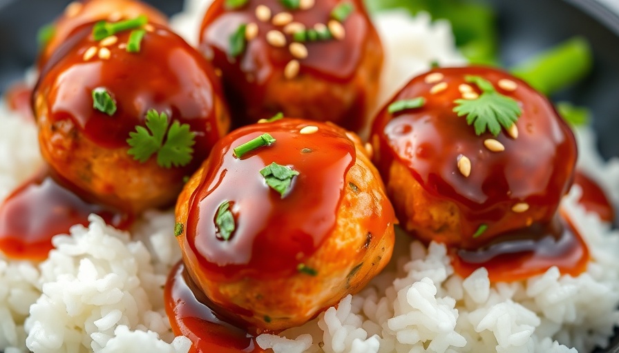Vibrant salmon meatballs with sesame ginger BBQ sauce and rice.