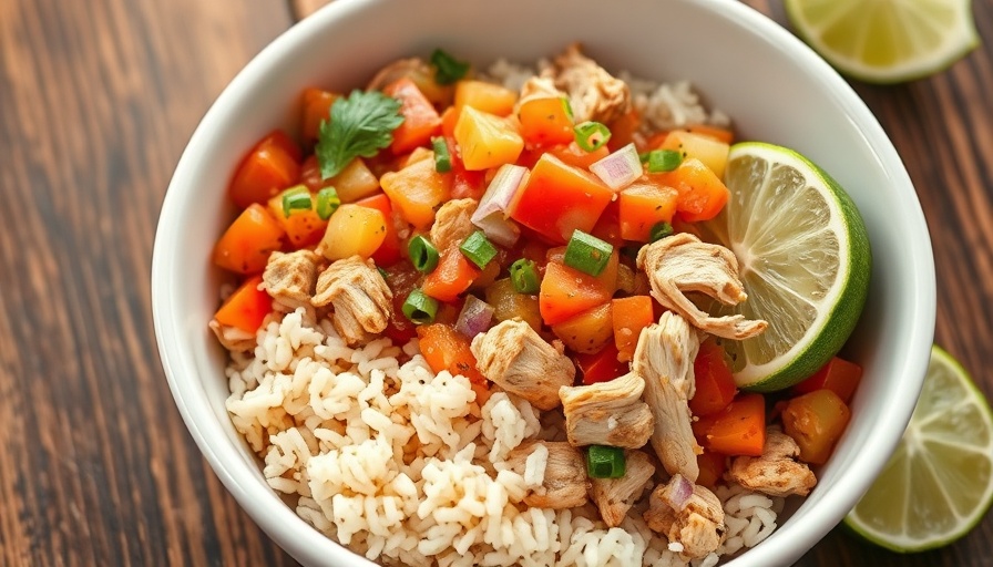 Vibrant salsa chicken and rice bowl with colorful veggies and limes.