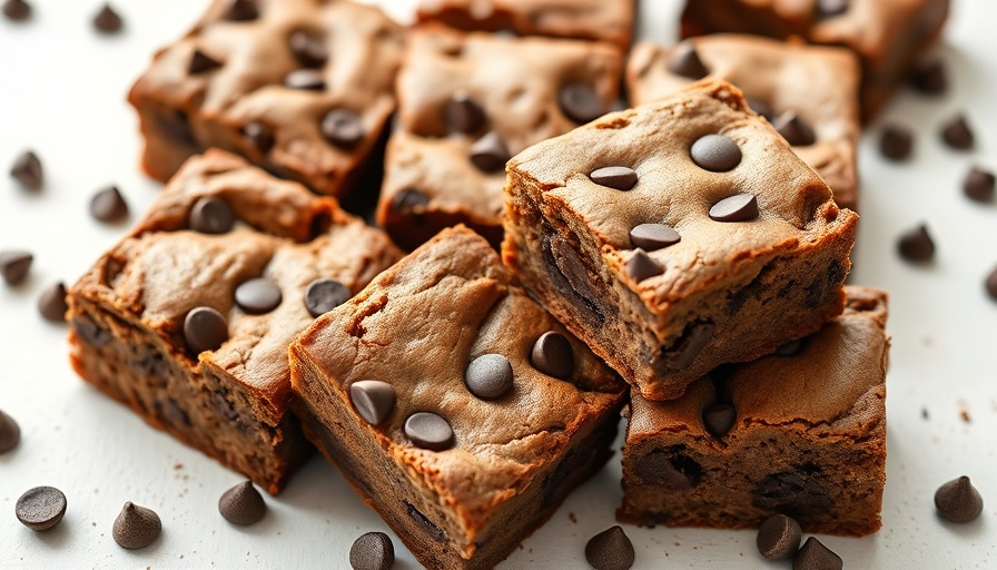 Healthy Banana Bread Brownies with chocolate chips arranged on a white surface.