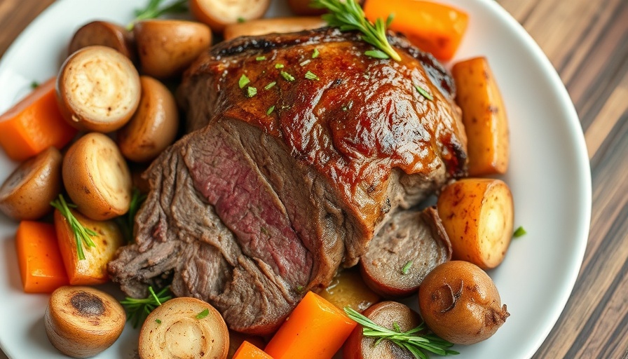 Classic pot roast recipe with vegetables and herbs on a plate.