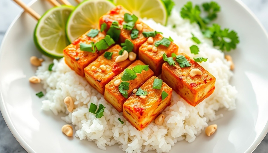 Appetizing chili crisp cashew tofu skewers on rice with lime.