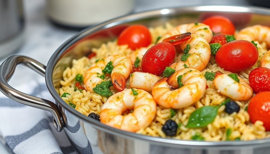 Pesto Shrimp Orzo Recipe in a pot with tomatoes and spoon.