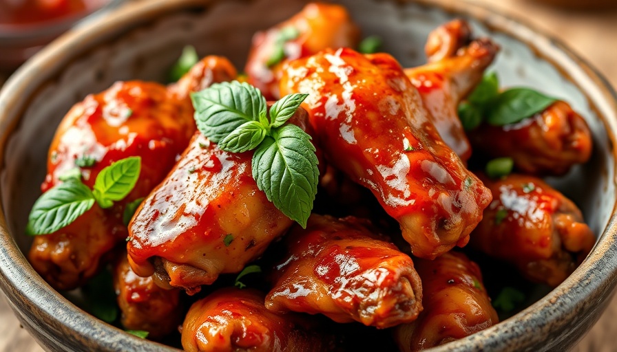 Baked Thai Basil Wings with spicy glaze served in a ceramic bowl.