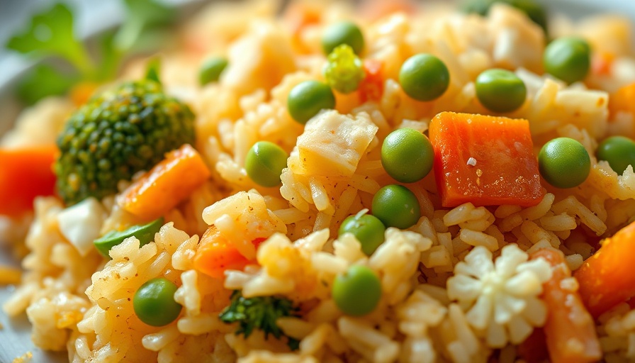 Close-up of Coconut Curry Rice with vegetables including broccoli and peas