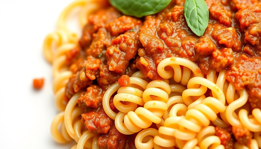 Vegan Bolognese with TVP pasta in a white bowl.