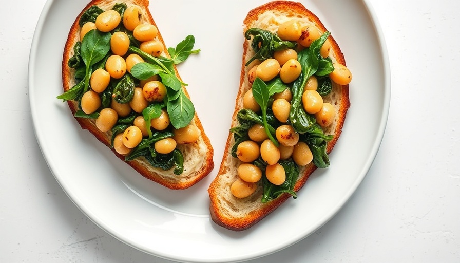 Miso butter beans and greens on toast, vibrant dish on white plate.
