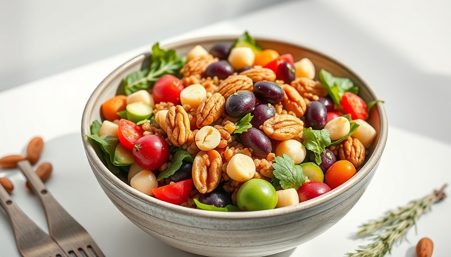 Winter wheat berry salad with greens and nuts in a bowl.