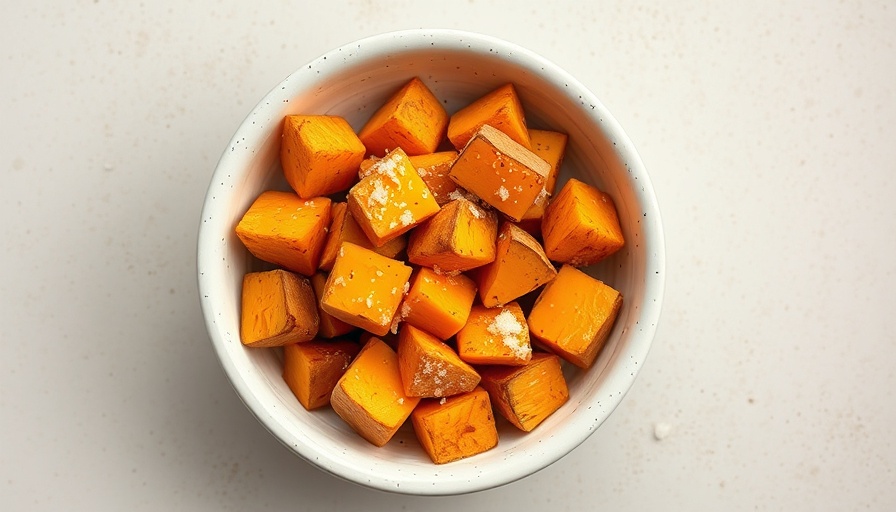 Cubed air fryer sweet potatoes in ceramic bowl close-up.