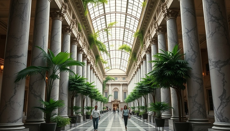 Serene marble hallway in Washington DC with lush plants.