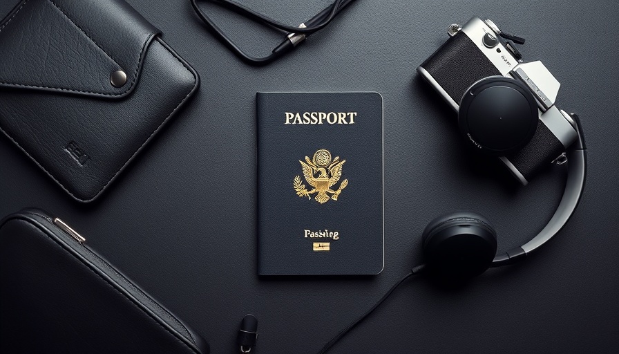Travel essentials flat lay with passport, camera, and headphones.