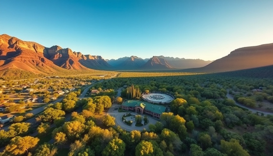 Aerial view of Canyon Ranch with text 'Enchant at Canyon Ranch' over mountains.