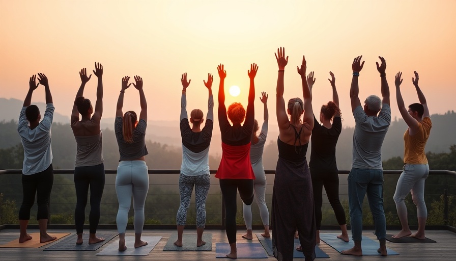 Group doing yoga poses at sunset on a platform, serene atmosphere.
