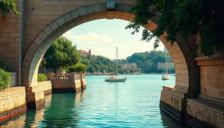What is Ecotourism: tranquil waterfront with stone arches and boats.