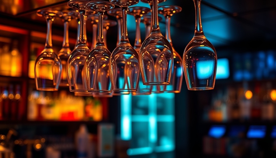 Dimly lit bar with hanging wine glasses reflections highlighting alcohol and health risks.