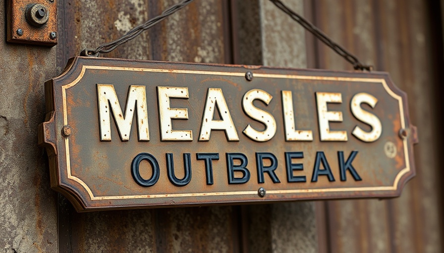 Sign showing measles outbreak alert on rusty background.