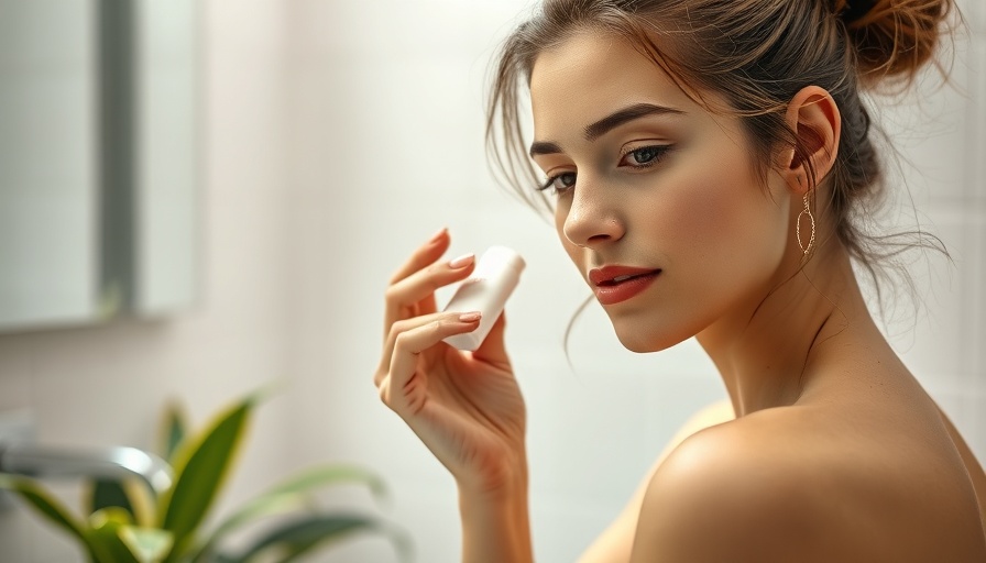 A woman applies skincare in a bright bathroom, ideal for combination skin.