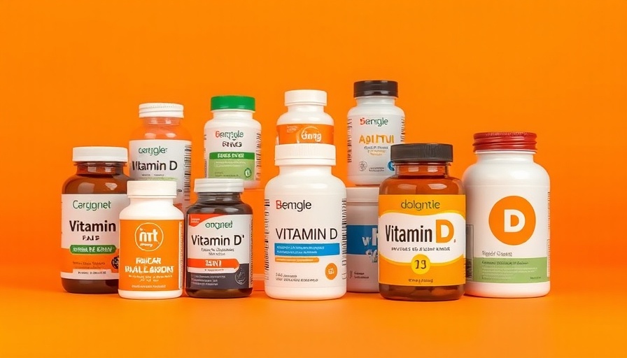 Top vitamin D supplements in colorful packaging on orange background.